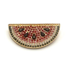 Vintage Carlisle Signed Swarovski Rhinestone Red Pink Gold Watermelon Brooch